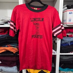 True Vintage Velva Sheen Lincoln Pirates Ringer Shirt Red Mens Medium 80s USA